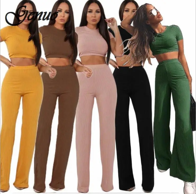 Женский комплект из 2 предметов укороченный топ с круглым вырезом и длинные брюки