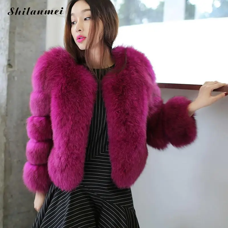 fuchsia Новое зимнее пальто Женская Роскошная Шуба из искусственного лисьего меха фиолетовая розовая серая тонкая куртка из искусственного меха женские пальто из искусственного меха Верхняя одежда - Цвет: fuchsia