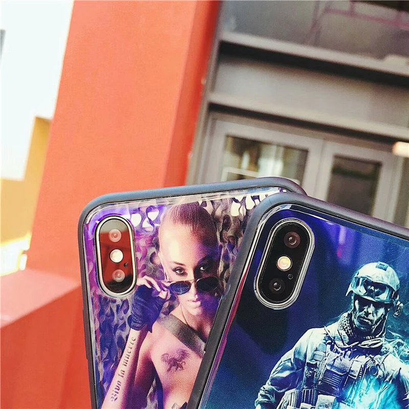 RMJ-DAN Handsome fashion Brave warrior Apply to For Apple iPhone 6 6S 7 8 Plus X Blue Glass Phone Case+TPU cellphone case |