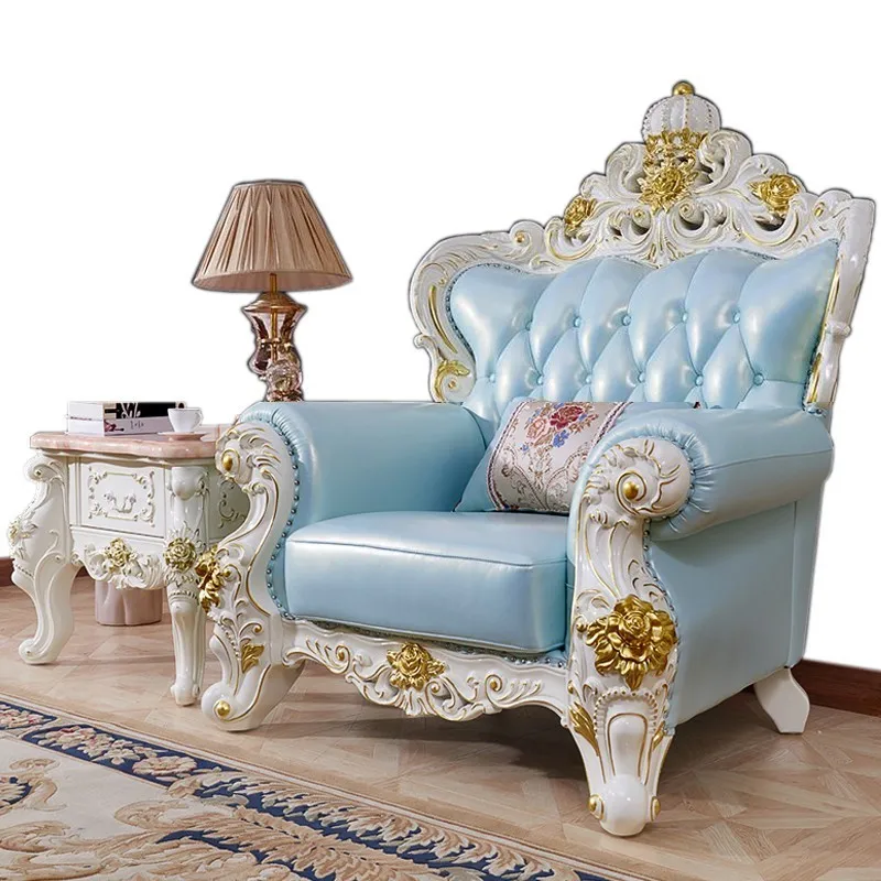 Роскошный кожаный диван из цельного дерева в европейском стиле для гостиной 3 + 2 1