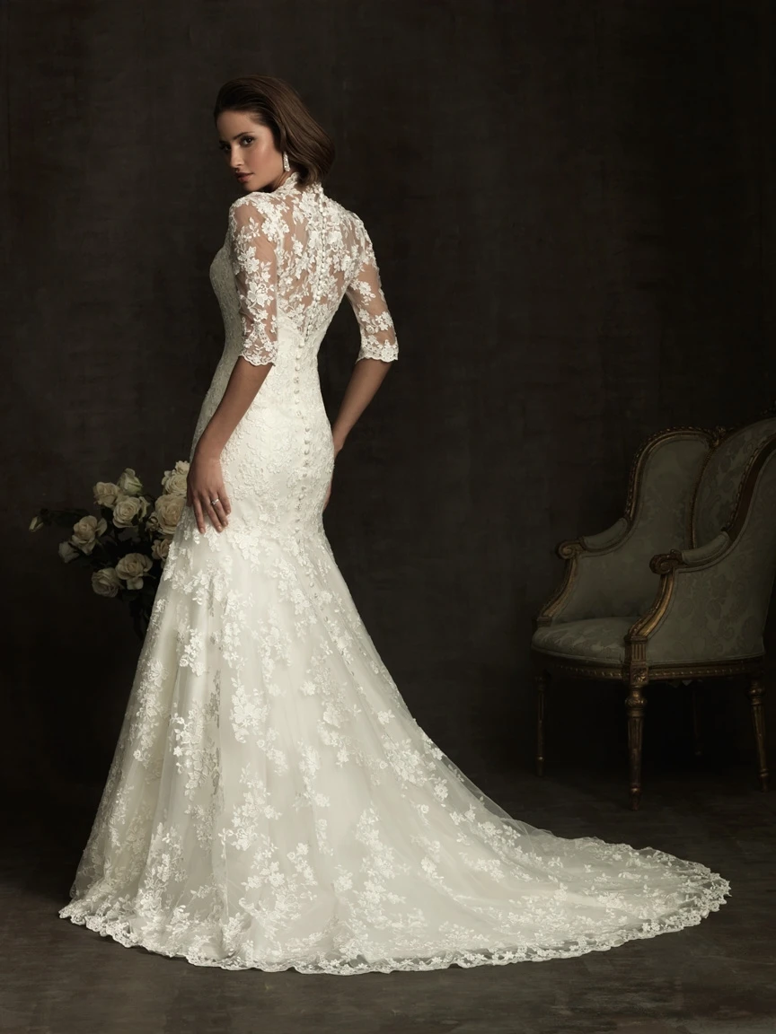 cheap-2014 Popolar Fashion A-line V-neck Slim Throughout Lace &amp Appliques Half Sleeves Sheer Covered Back Elegant Weddi | Свадьбы и