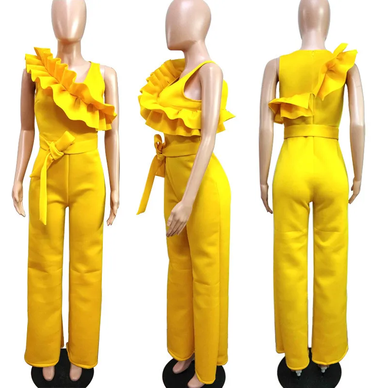 

One Shoulder Scuba Ruffles Wide Leg Jumpsuit Yellow Sleeveless Belted One Piece Overalls Women Plus Size Long Office Catsuit