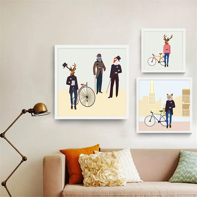 Реалистичные различные животные-человек джентльмен с велосипедом Холст Картина
