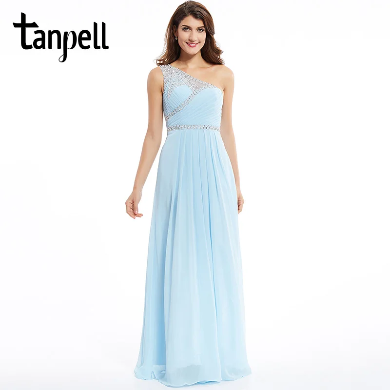 Вечернее платье на одно плечо Tanpell недорогие платья в пол небесно голубого цвета