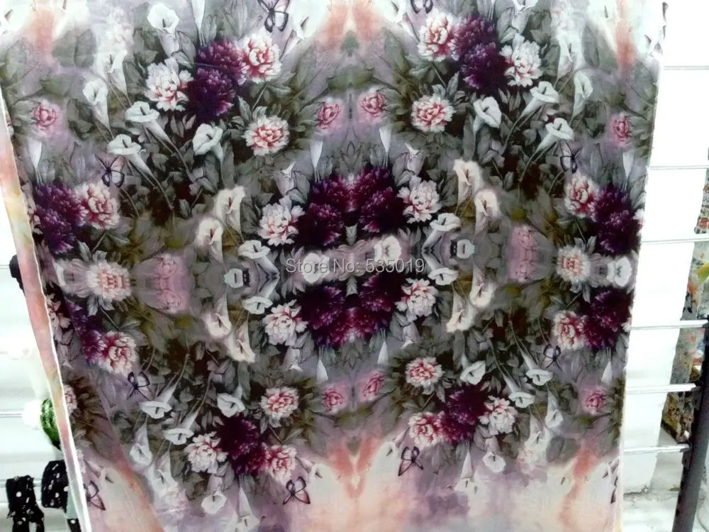 

Free Women Super High-end Computer Digital Painting Heavy Stretchy Natural Silk Fabric Violet Lily Flowers Woven Wholesale Wide