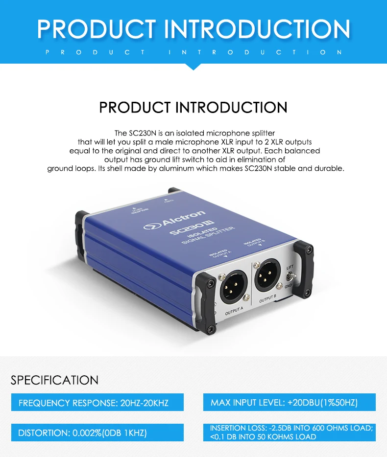 Alctron SC230N Профессиональный DI Box микрофон сплиттер Сплит мужской Микрофон XLR вход на 2 XLR выход