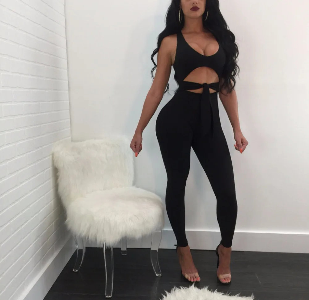 WLKE Women Bodysuit Sexy V-neck Waist Cut Out Lace Up Skinny Bodycon Jumpsuit One Piece Rompers Gray/Black Clubwear KP1438 | Женская