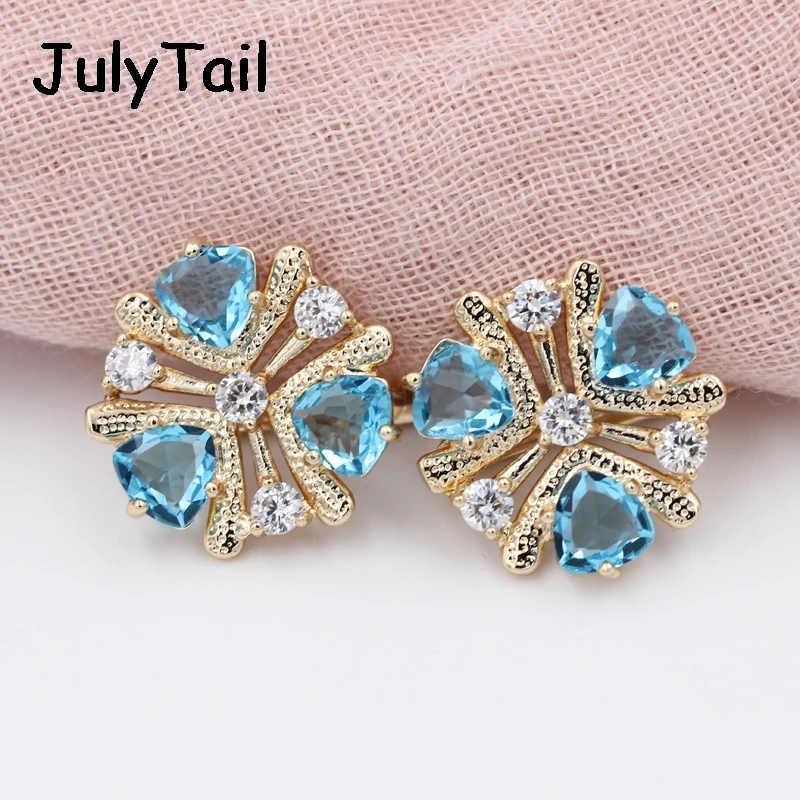 Exclusive RU Hot 585 Rose Gold Blue Triangle Cubic Zirconia Big Earrings For Women Jewelry Luxury Vintage Round Crystal | Украшения и