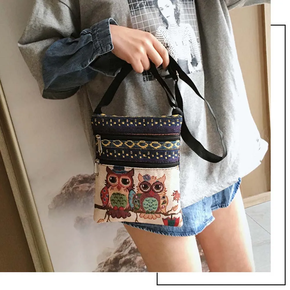 Summer Women Messenger Bags Zips Bag Lady Canvas Cartoon Owl Printed Crossbody Shoulder Bags Small Female Wallet Bag 19*25cm