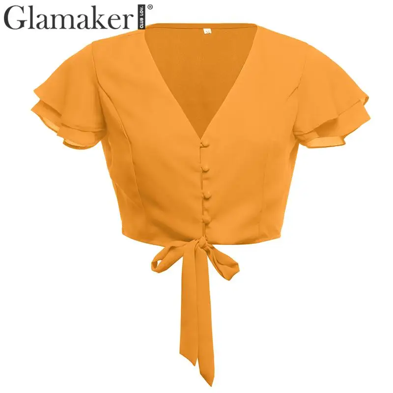 Цвет: желтый Glamaker, шифон, v-образный вырез, желтый, с оборками, сексуальный топ, для женщин, короткий рукав, пуговицы, летние, Короткие топы, рубашка, для отдыха, пляжа, элегантный белый топ - Цвет: Цвет: желтый
