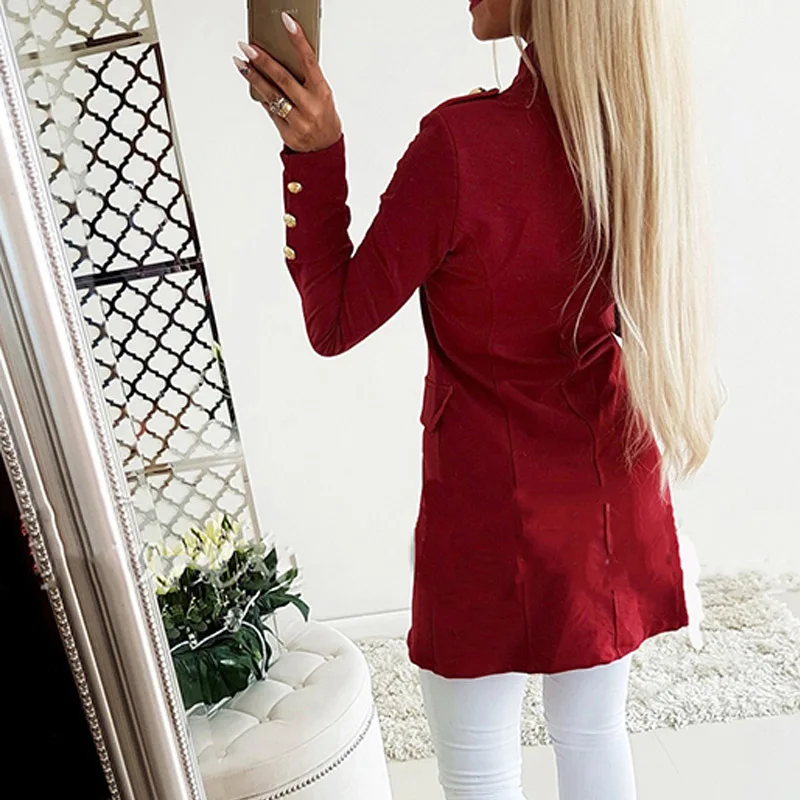 Autumn Double Breasted Suit Coat Women Elegant Slim Suits Jacket Winter Outwear V Neck Long OL Office Lady 2020 Black Red | Женская