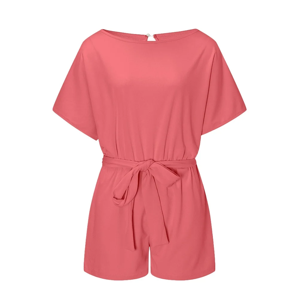 ELSVIOS Casual Playsuit Summer O-neck Short Sleeve Office Lady Romper Fashion Women Sashes Elegant Overalls Solid Beach Jumpsuit | Женская
