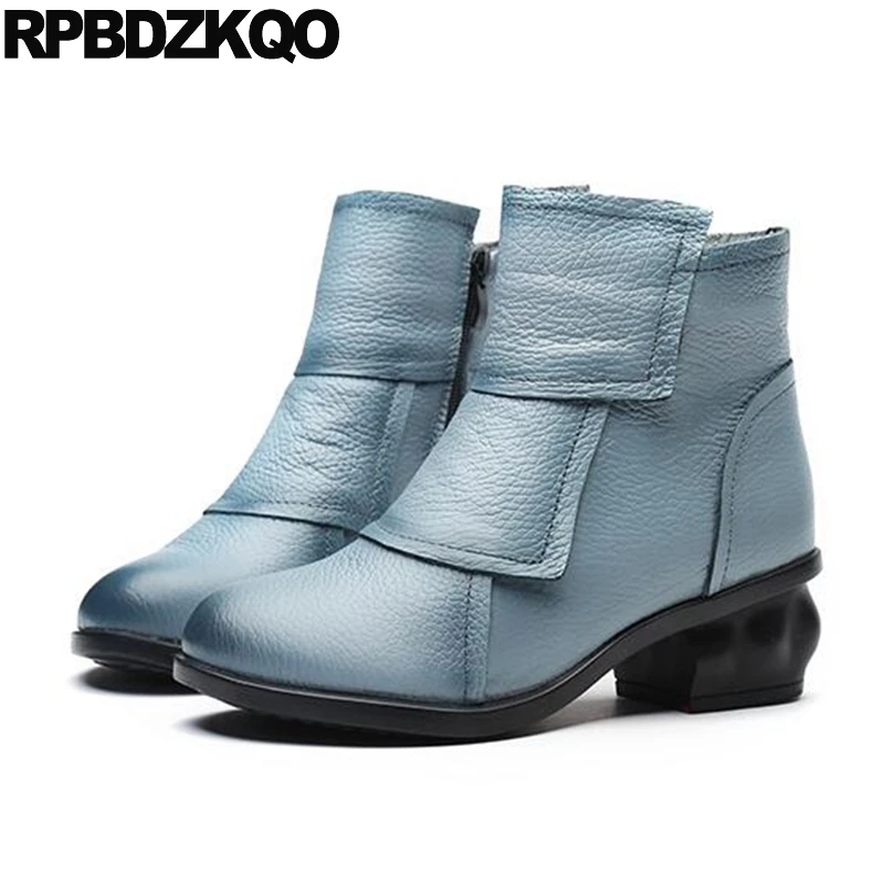 

Chinese Shoes Short Blue Women Ankle Boots Medium Heel 2021 Fur Round Toe Chunky Cheap Waterproof Winter Fashion New Female