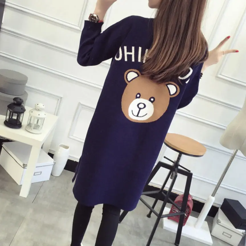 2018 Autumn And Winter Dress Cardigan Women's Long Section Long-Sleeved Jacket Sweater Bear Pattern Outside Shirt |