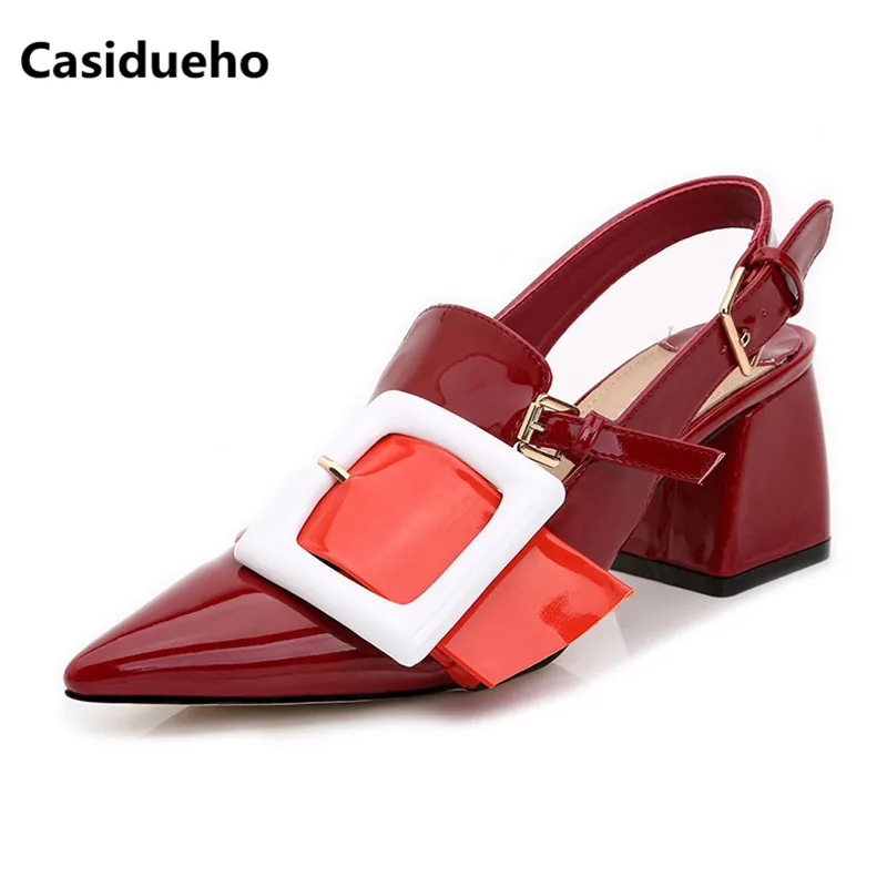 Casidueho с острым носком Женские туфли пряжками толстый каблук Sandalias Mujer 2018