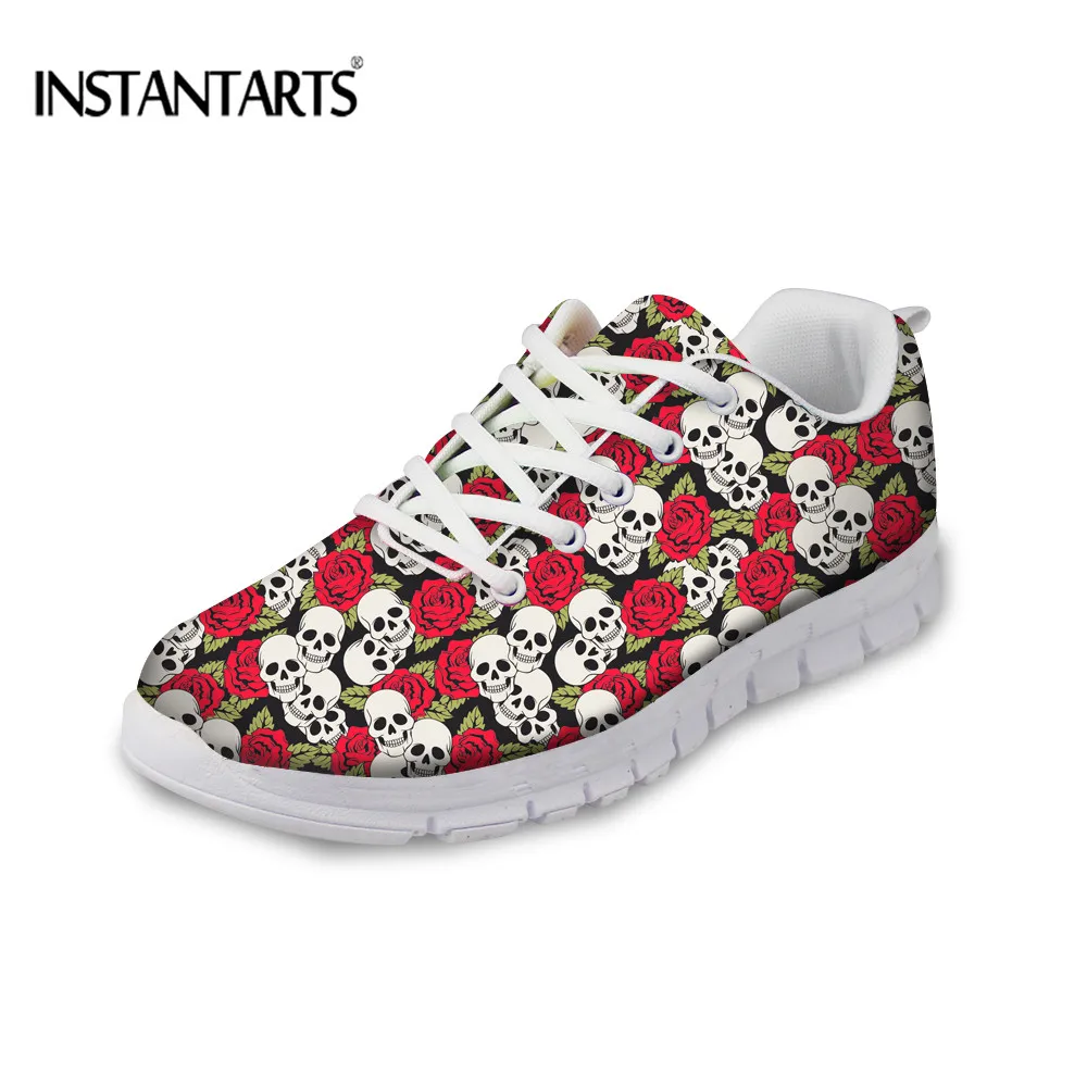 

INSTANTARTS Pretty Flower Cartoon Skull Flats Women Sneakers Casual Shoes LightWeight Air Mesh Breathable Comfortable Shoes 2018