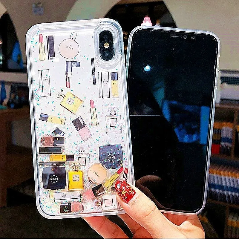 Косметический чехол с сияющими блестками чехол для iPhone 7 XS Max XR X 6 8 Plus жесткая динамическая жидкая косметика Помада флакон для парфюма чехол для телефона