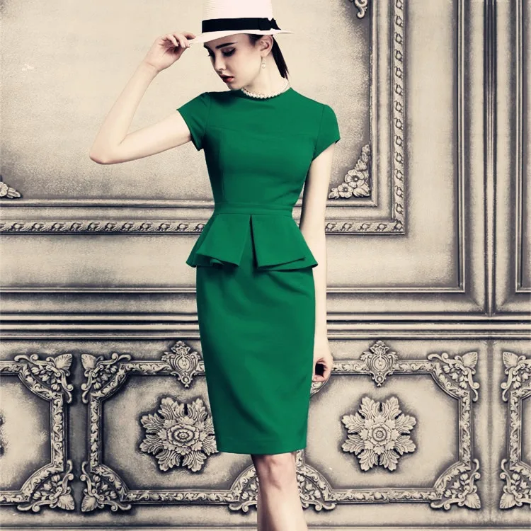 20 женское винтажное платье карандаш с коротким рукавом и баской 50 s зеленое