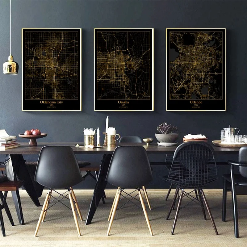 Oklahoma City USA Omaha Orlando Modern Gold Map Canvas Art Print Home Room Decor Poster | Дом и сад