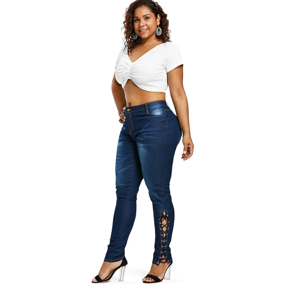 Wipalo Plus Size 5XL Zipper Sexy Fly Side Lace Up Jeans Femme High Waist Pencil Denim Pants Mom Big | Женская одежда