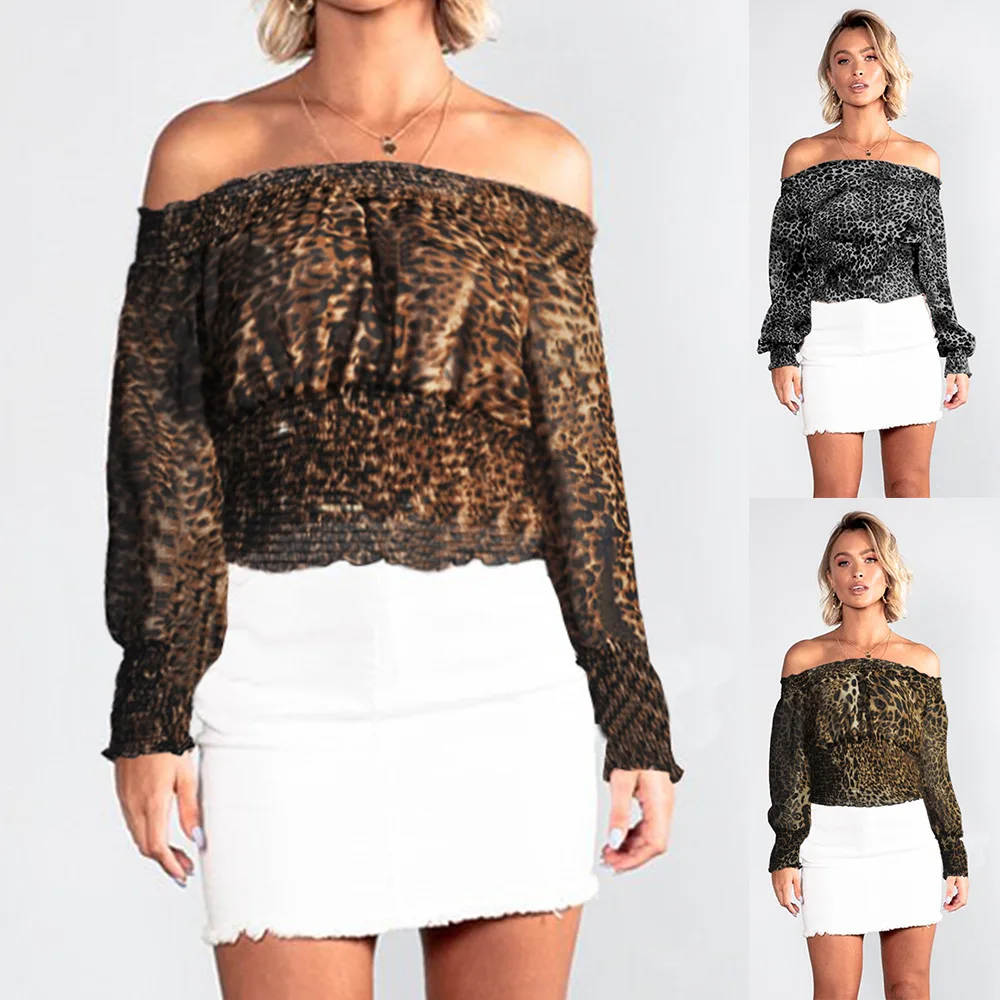 S-XL lady long sleeve slash neck tops chiffon tops night evening party leopard tops off shoulder top