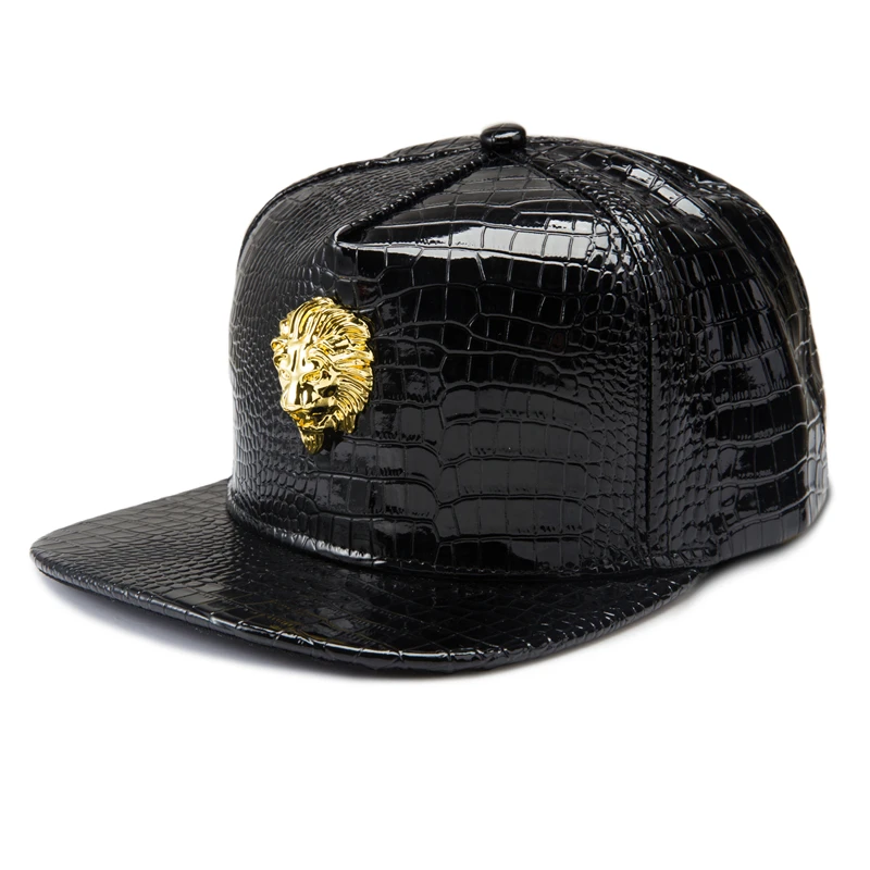

Lion Head Logo Baseball Cap Fashion PU Leather Gold Casual Hip Hop Rap 5 Panel Snapback Hats Men Women Party Dance Cute Gift