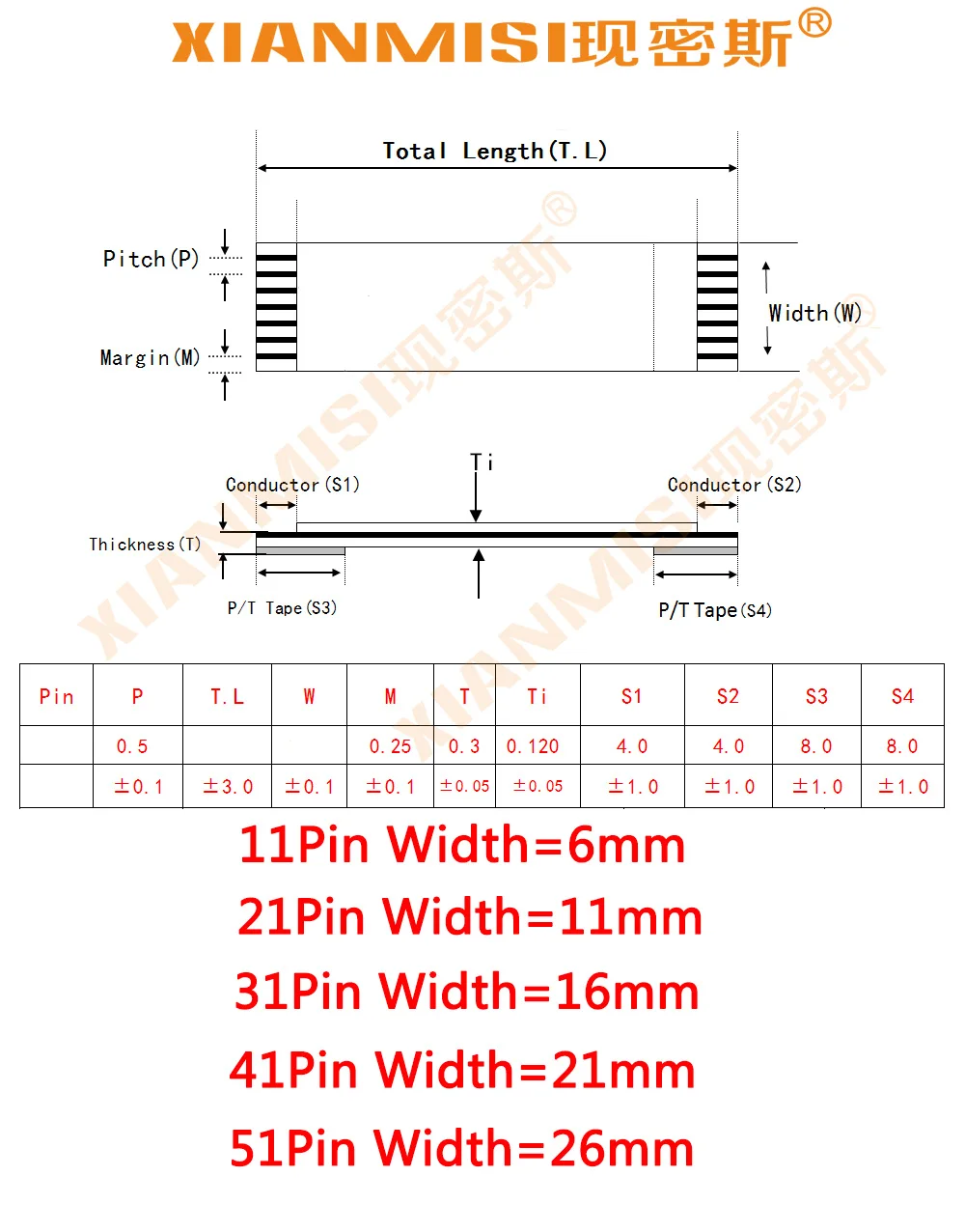 FFC/FPC Flat Flex Ribbon Cable 11Pin 21Pin 31Pin 41Pin 51Pin Same Side 0.5mm Pitch AWM VW-1 20798 80C 60V Length 5cm 5PCS - купить по