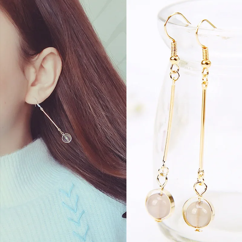 

Brown White Stone Beads Golden Stick Pendant Ear Hook & Clip Dangle Earrings Drop Earrings for Women