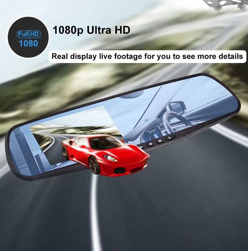 Автомобильный видеорегистратор 4,3 дюймов 1080 P, Автомобильное зеркало заднего вида full HD 1080 p, видеорегистратор для вождения автомобиля, камера заднего вида с двумя объективами, видеорегистратор