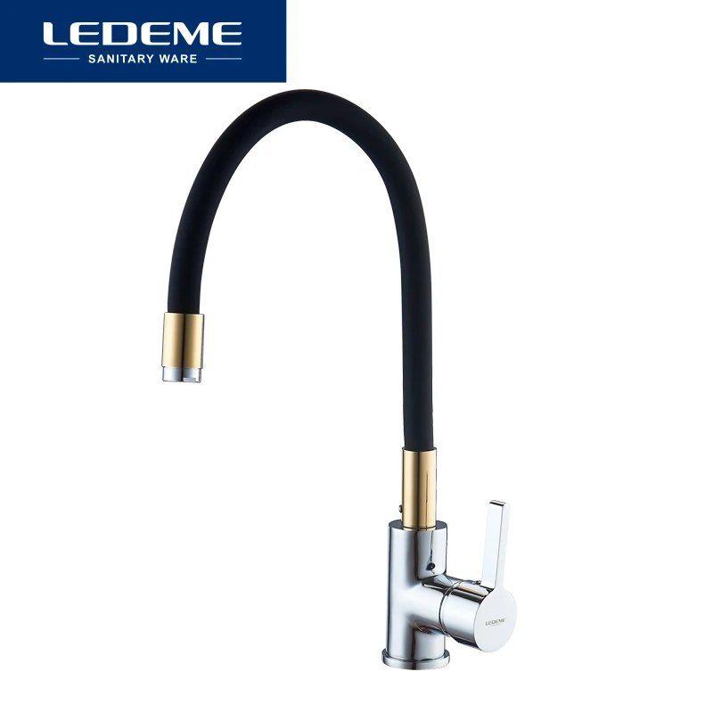 LEDEME Смеситель для кухни с силиконовым изливом латунь Цвет: золотой+чёрный L4898-10 |