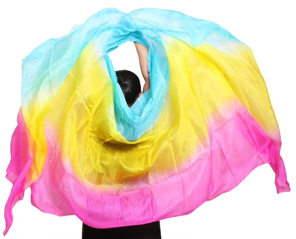 

New design 100% real silk belly dance veil cheap dance veils,tari perut kostum veil wholesale 250 270*114 Rose+yellow+Turquoise