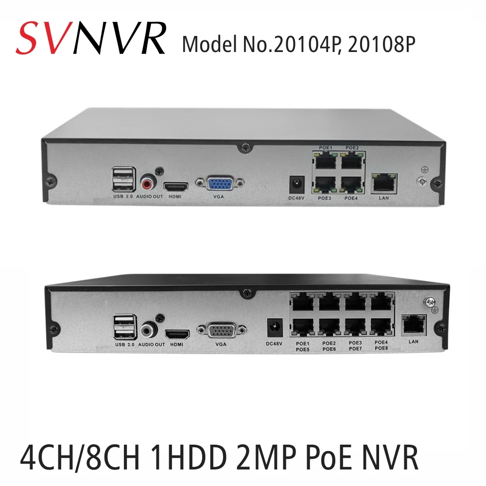 SVNVR 4CH 8CH 2MP H.265 POE NVR Поддержка жесткого диска 1x10TB с выходом HDMI и VGA бесплатное