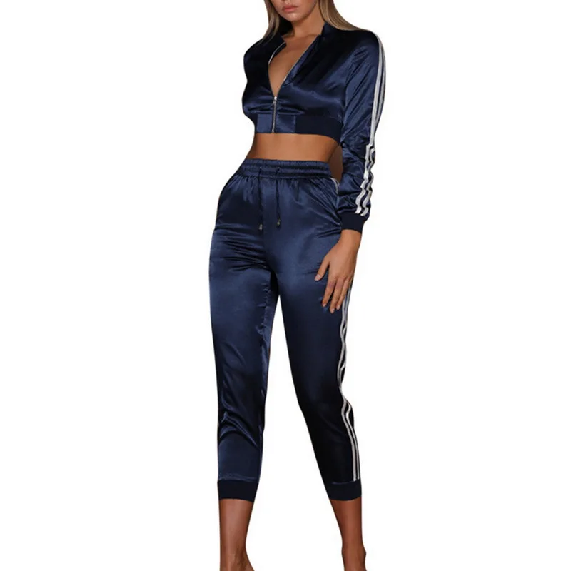 Satin Blue LAAMEI, сексуальный осенне-зимний сатиновый комплект для женщин, на молнии, в полоску сбоку, укороченные топы, на завязках, длина до середины икры, штаны, сексуальный тренировочный костюм - Цвет: Satin Blue