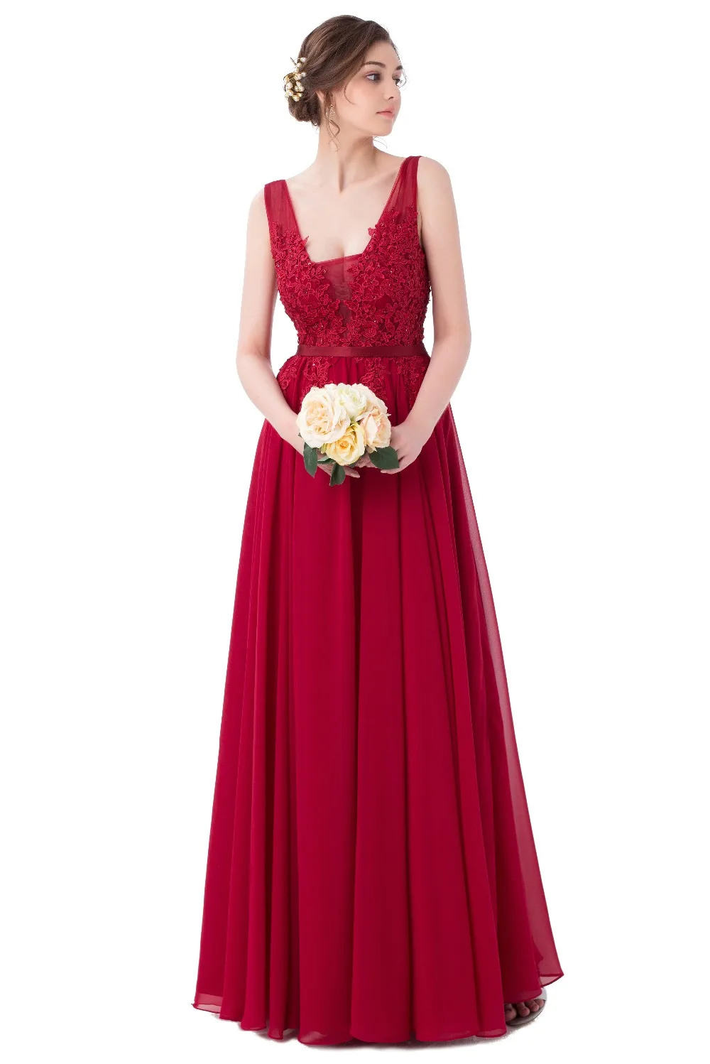 Женское вечернее платье с открытой спиной винно Красное длинное шифоновое в пол