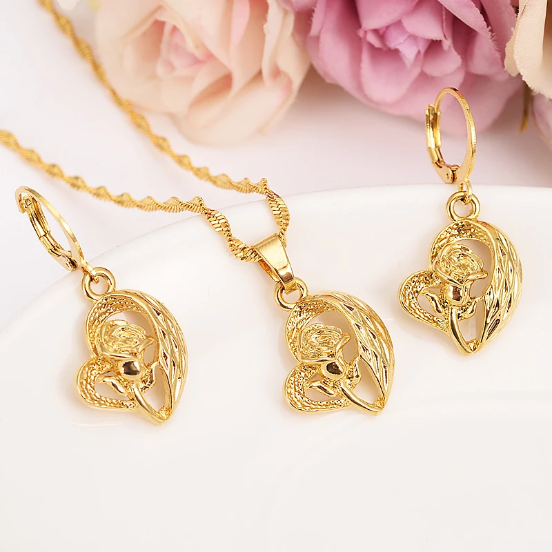 Ethiopian Set Jewelry Necklace pendant Earrings Eritrea jewelry Habesha Girl Gold rose heart African Bridal Sets gift women | Украшения и