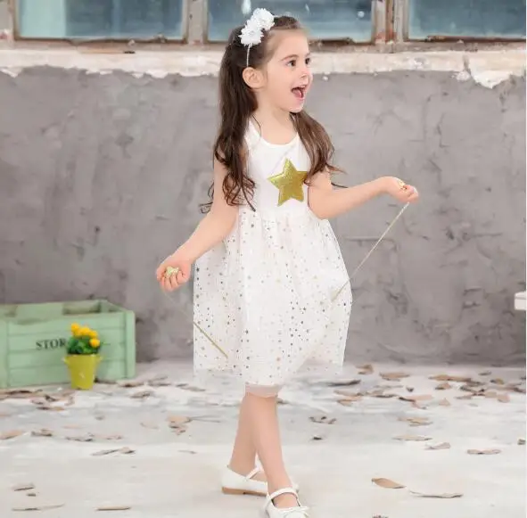 Summer shining gold silver pentacle star lacing mesh sleeveless vest baby girls princess chiffon dress kid children | Детская одежда и