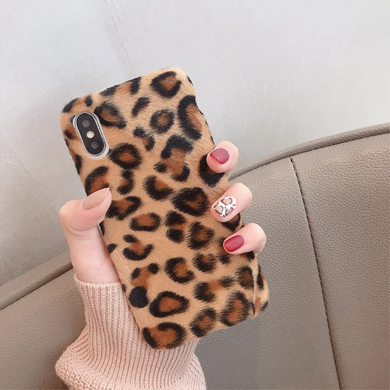 Модный плюшевый чехол с леопардовым принтом для iphone X XR XS Max зимний мягкий теплый 7
