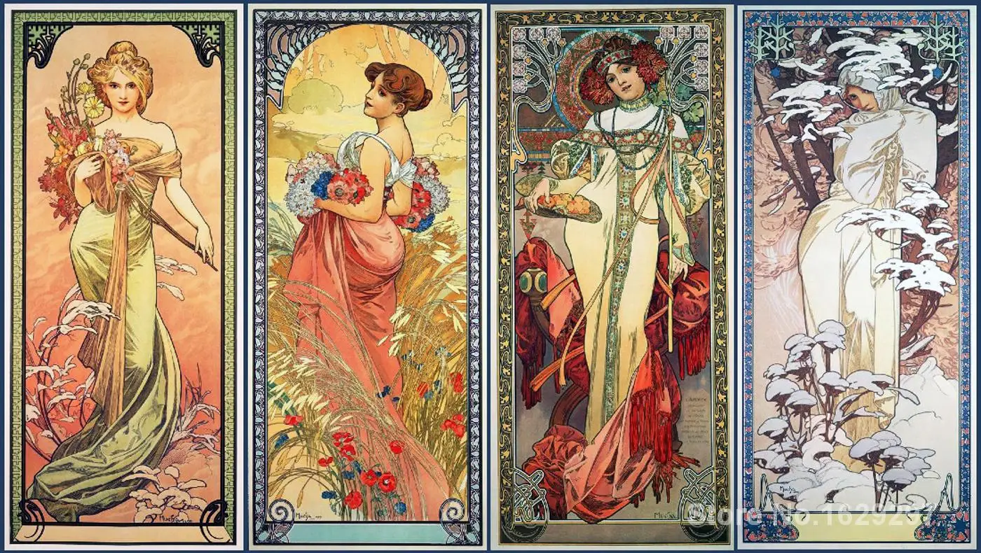 Картина маслом современная серия Four Seasons Alphonse Mucha ручная роспись высокое