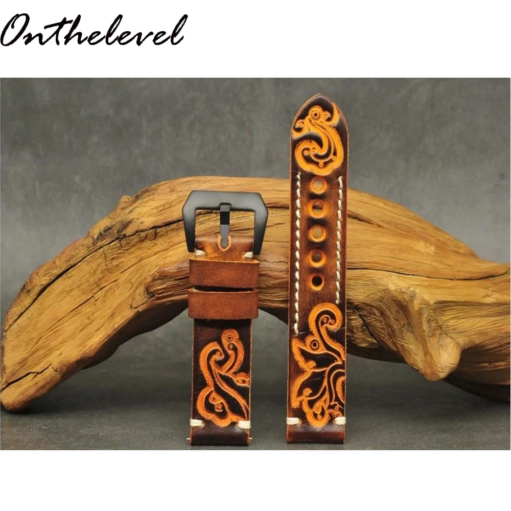 Onethelevel Genuine Leather Watchband 20mm 22mm 24mm Carved Watch Band Strap for Panerai Belt Stainless Steel Black Buckle