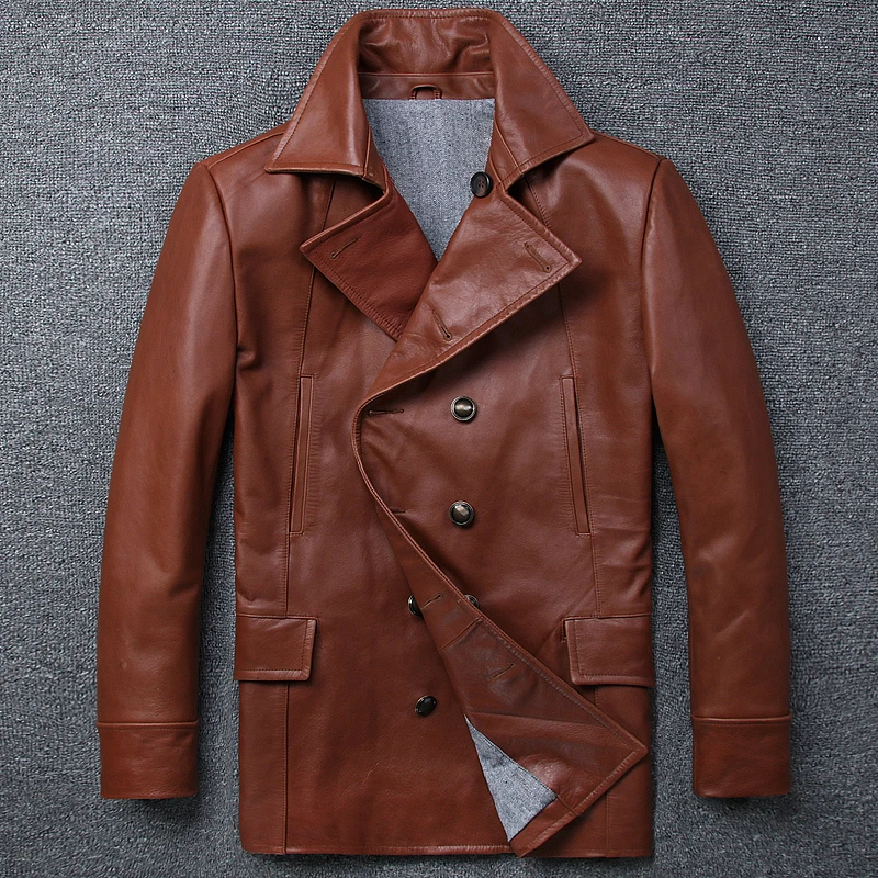 

Mens Long Double Breasted Overcoat 4XL Male Brown Cowskin Genuine Leather Jacket Long Slim Smart Casual Coats Windbreaker