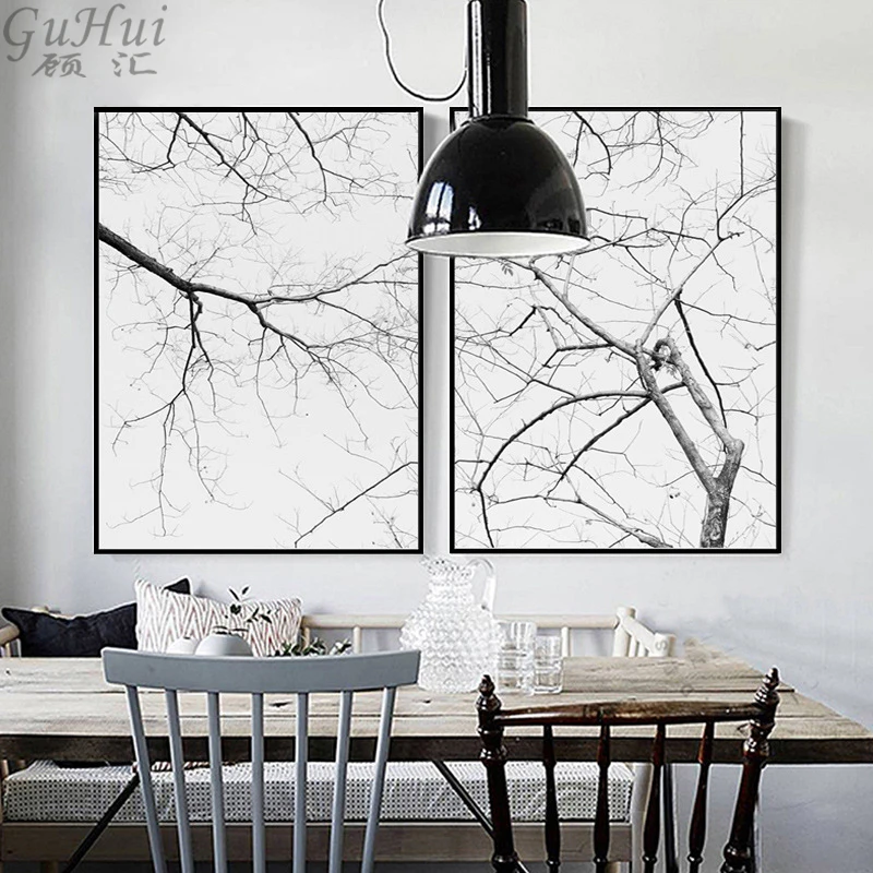 Минималистичный черный белый осенний мертвый ветвей дерева Картина на холсте