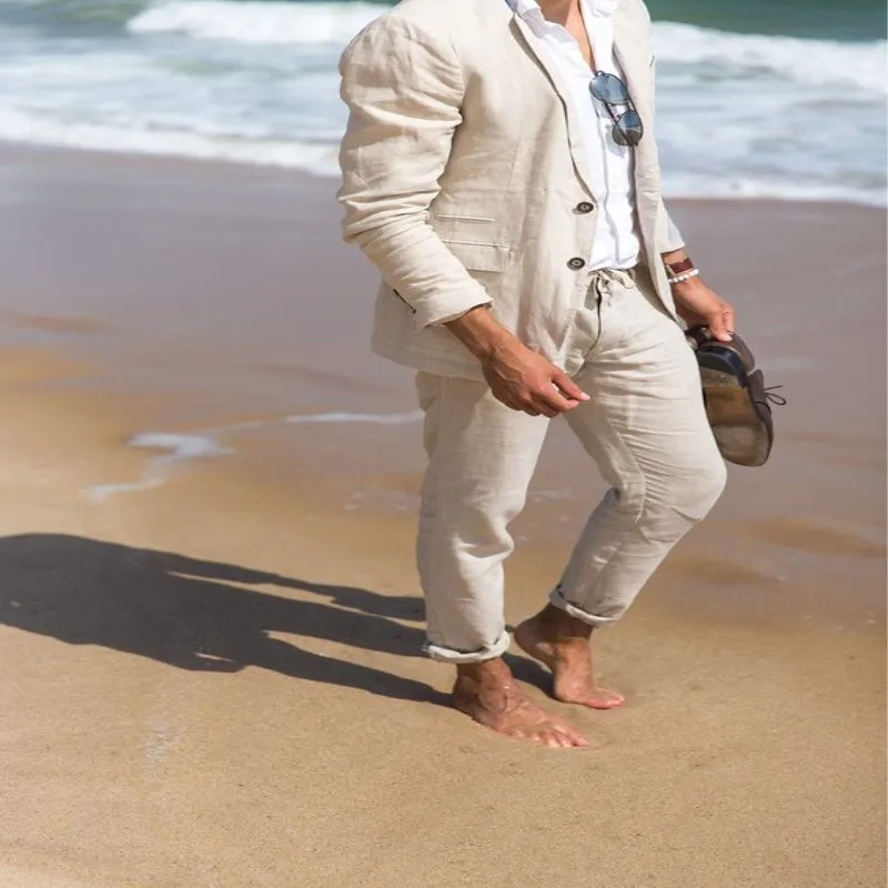 Костюм мужской облегающий из льна Повседневный расслабляющий пиджак и брюки
