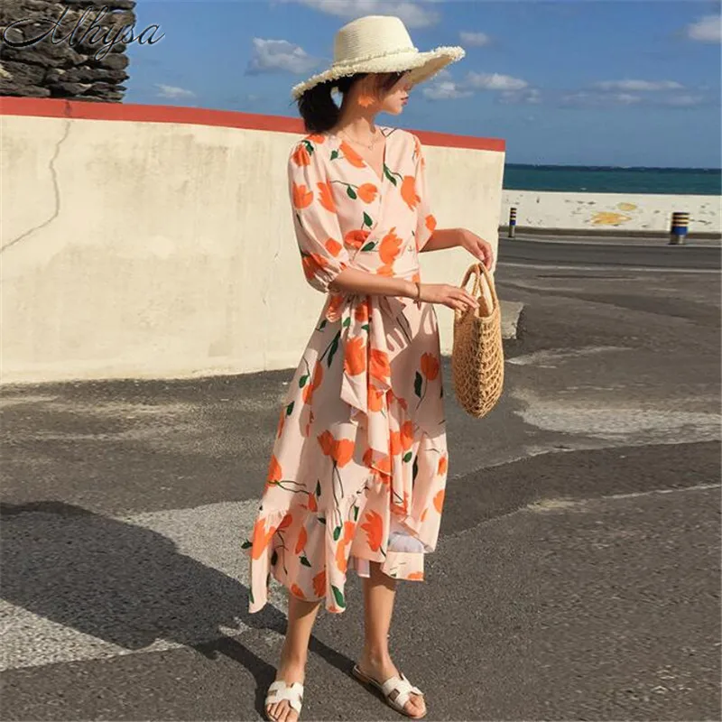 Mhysa 2019 Summer new holiday style ladies high waist retro print V-neck short sleeve irregular ruffled seaside beach dress Y049 | Женская