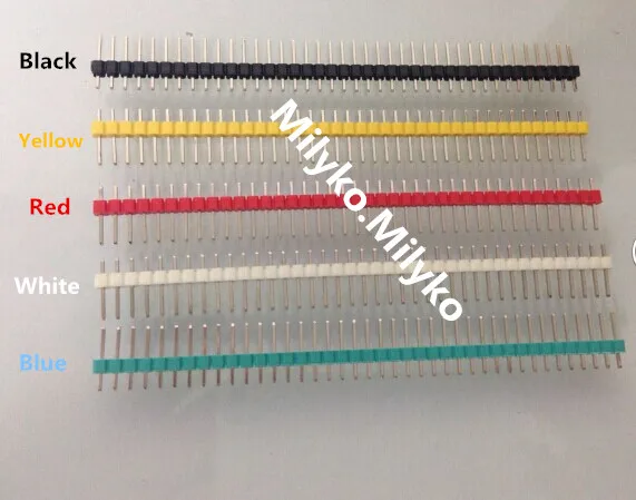 

FREE SHIPPING 50pcs/lot 2.54mm Black + White + Red + Yellow + Blue Single Row Male 1X40 Pin Header Strip Gold-plated ROHS
