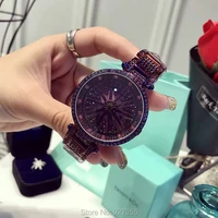 new fashion purple luxury stainless steel watch lady shining rotation dress watch big diamond stone wristwatches clocks