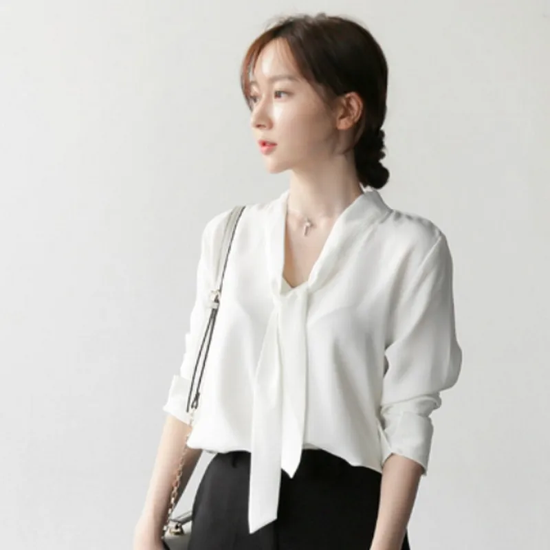 EXOTAO корейский стиль v образный вырез Blusa Feminina летняя белая шифоновая блузка с длинными рукавами Женская Лук OL