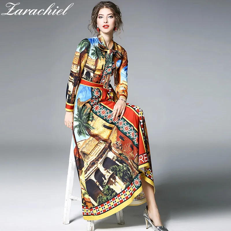 Женское винтажное платье макси с бантом на воротнике длинное вечернее принтом