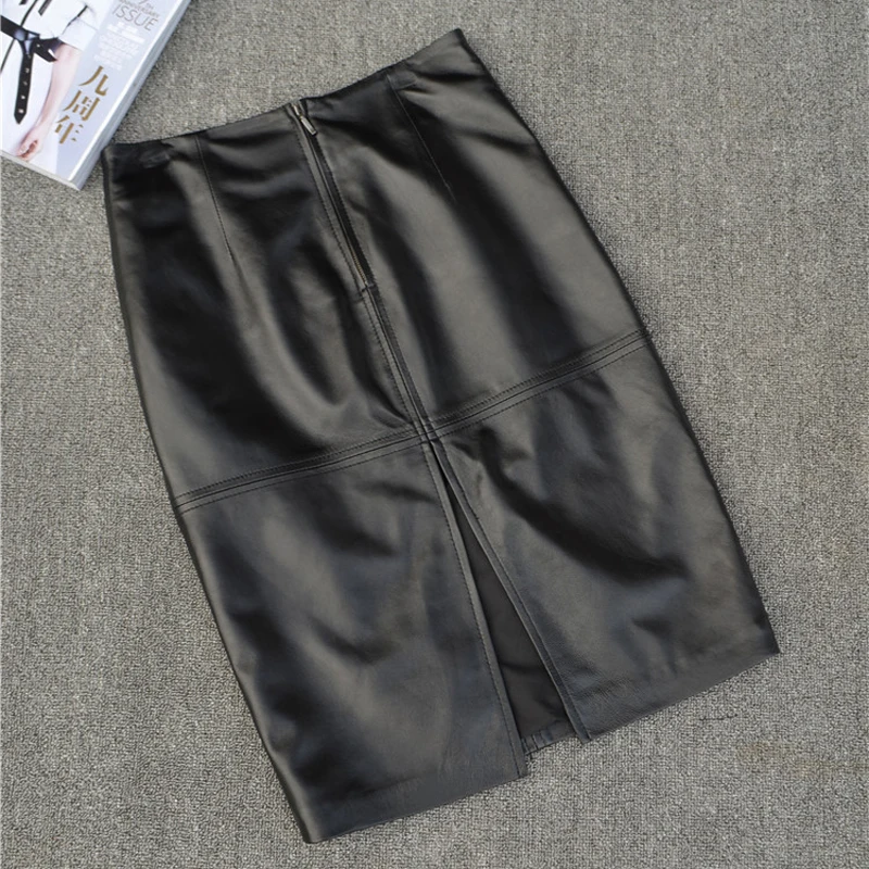 RYS625 Winter Classic Woman Genuine Leather Skirt Female Black/Red Sexy Midi Long Slim Knee Length Step Placketing Bust Faldas