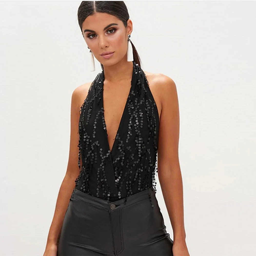 Сексуальный комбинезон с v образным вырезом и блестками женский открытой спиной