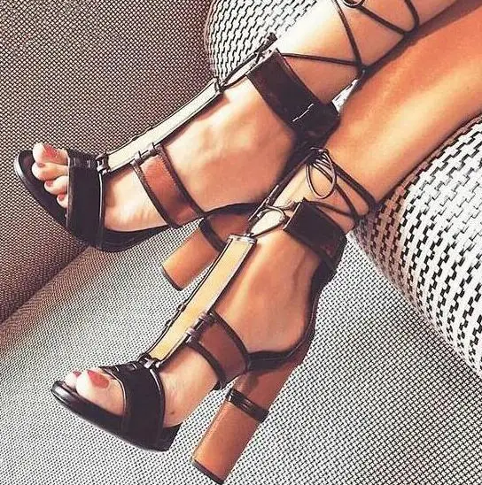 

New Fashion Hot Orange Patchwork Lace Up Women Sandals Open Toe Ladies Chunky Heel Sandals Female Sexy High Heels Party Shoes